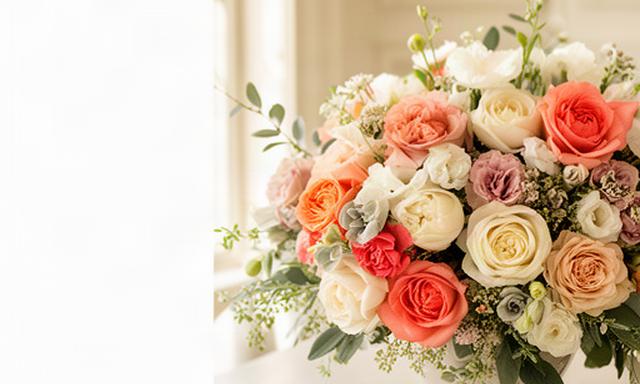 Bouquet di fiori freschi dai toni corallo e crema su un tavolo luminoso a Quarto