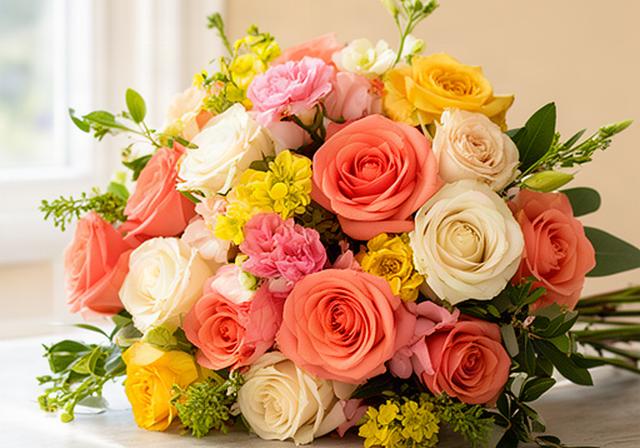 Bouquet colorato con rose e fiori di stagione su un tavolo luminoso per un'occasione speciale