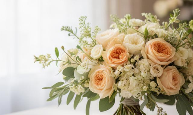 Composizione floreale elegante con rose color pesca e fiori bianchi su un tavolo luminoso