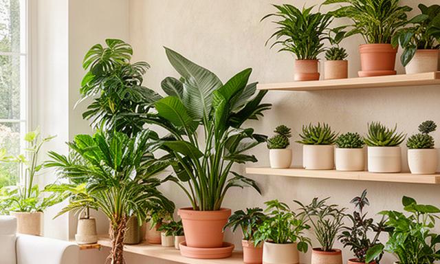 Collezione di piante da interno su mensole in un soggiorno luminoso di Quarto