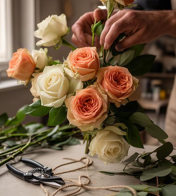 Mani di una fiorista sistemano rose e foglie verdi in una composizione nel laboratorio di Quarto