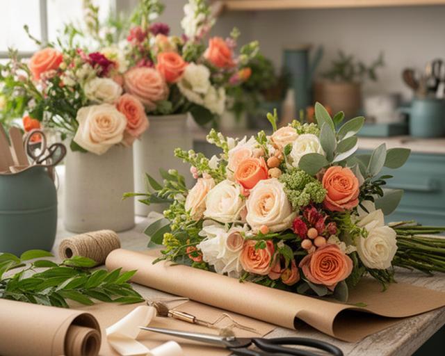 Banco di lavoro di un fiorista a Quarto con forbici, carta da confezione e bouquet freschi