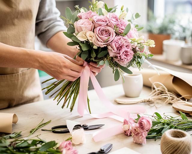 Fiorista che lega un bouquet rosa su un banco di lavoro luminoso